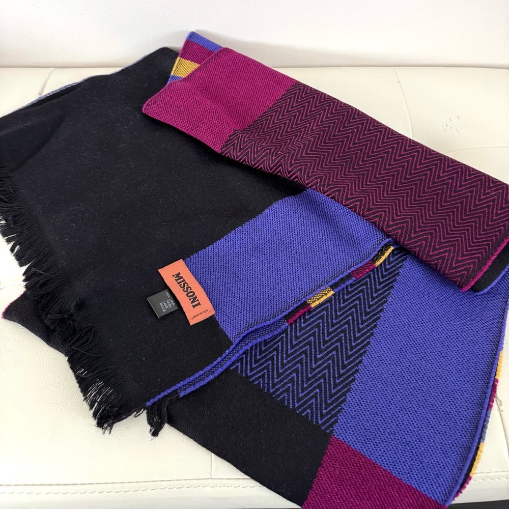 Missoni Colorblock Checked 100% Wool Scarf - Black, Purple, Pink, Yellow - Picture 5 of 12